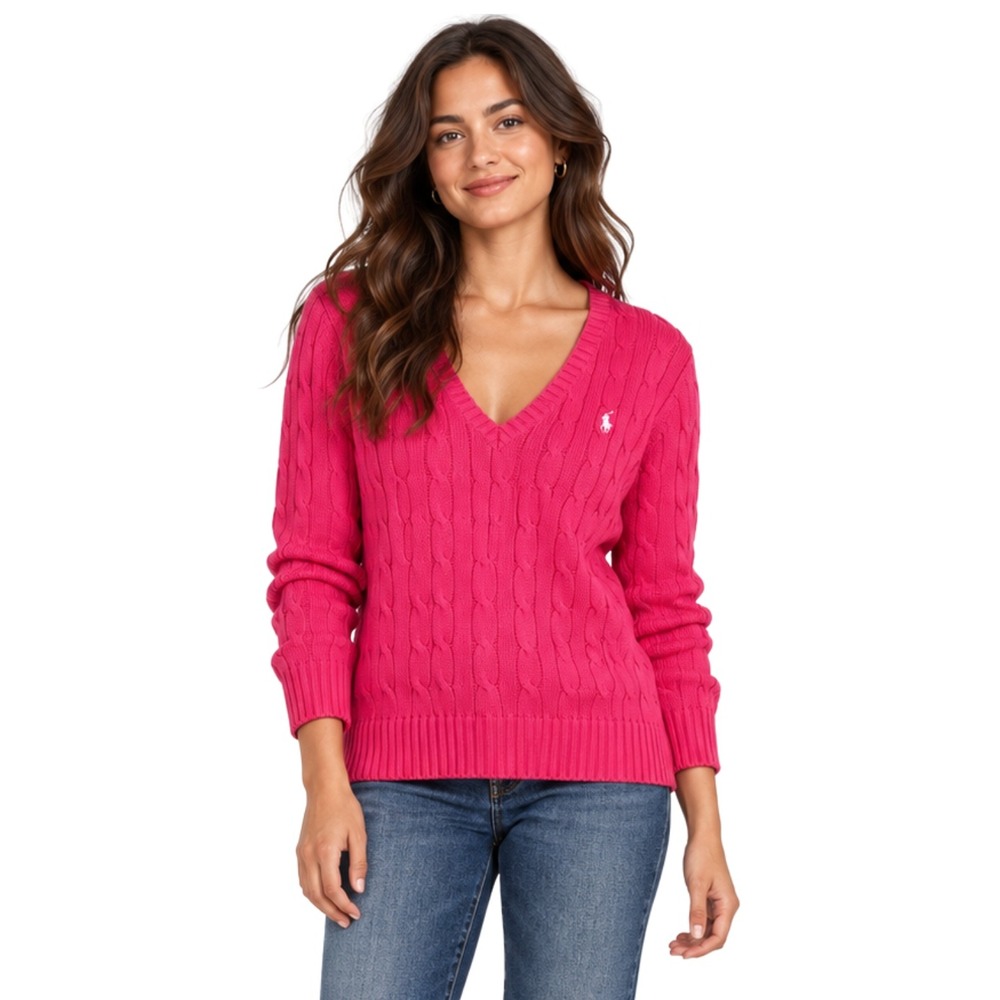Polo Ralph Lauren Sweater Womens XL Pink Cable Knit V-Neck Cotton Pony Logo